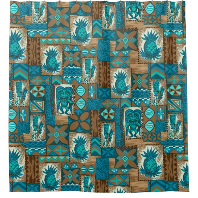 Pomaika’i Tiki Hawaiian Vintage Tapa Shower Curtain (Front)