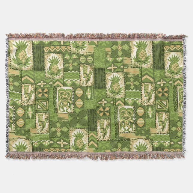 Pomaika’i Tiki Hawaiian Vintage Tapa Throw Blanket (Front)