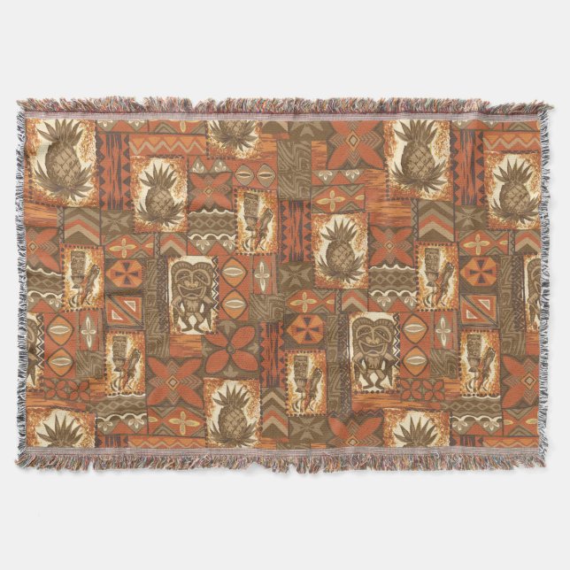 Pomaika’i Tiki Hawaiian Vintage Tapa Throw Blanket (Front)