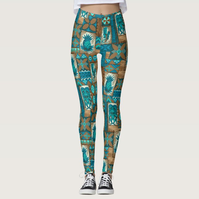Pomaika’i Tiki Hawaiian Vintage Tropical Tapa Leggings (Front)