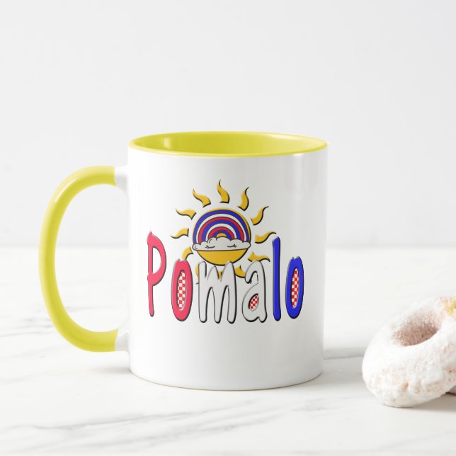 Pomalo – Croatian Relaxation with Sun & Rainbow  Mug (With Donut)