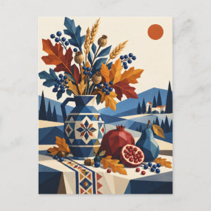 Pomegranate and Autumn Leaves Folk Art Greeting Ca Postcard