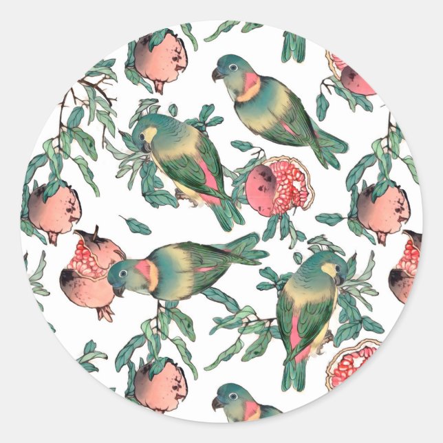 Pomegranate and Lovebirds Classic Round Sticker (Front)