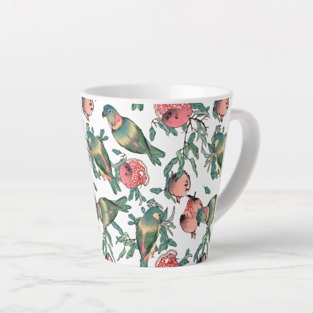 Pomegranate and Lovebirds Pattern Latte Mug (Right Angle)
