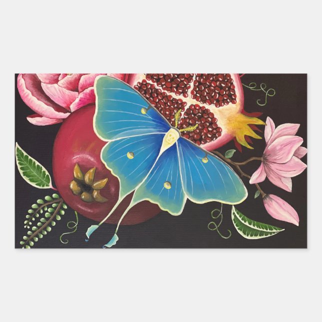 Pomegranate and Luna Moth Fine Art Stick 4 Pack Rectangular Sticker (Front)