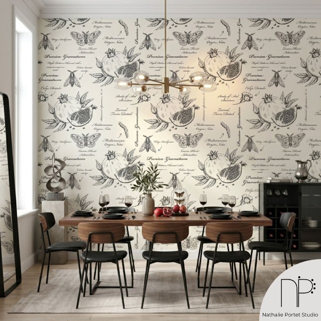 Pomegranate and Mediterranean Moth Wallpaper (Hand drawn scientific pomegranate and mediterranean moth wallpaper on warm neutral background)