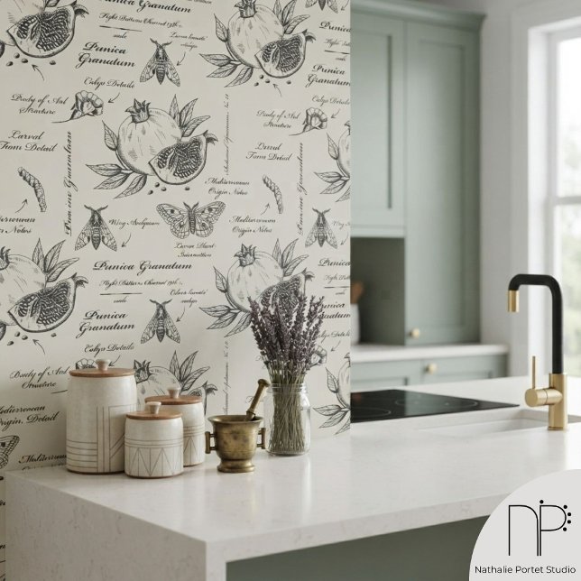 Pomegranate and Mediterranean Moth Wallpaper (Modern country pomegranate pattern with illustrations of pomegranates and moths in dark gray)