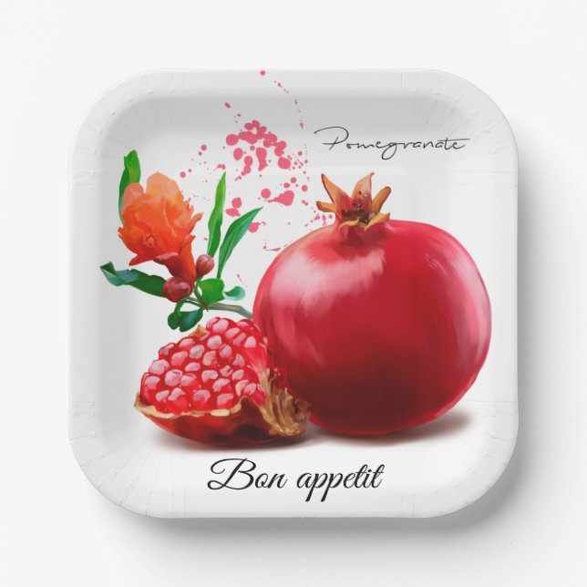 Pomegranate and splatter. Watercolor illustration Paper Plate (Front)