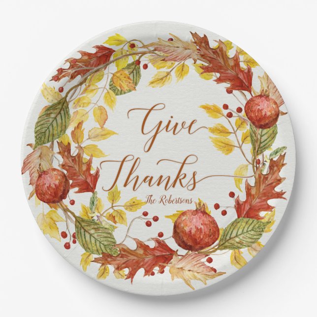 Pomegranate Fall Autumn Leaf Wreath Give Thanks Paper Plate (Front)