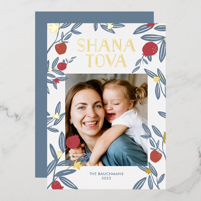 Pomegranate Florals Rosh Hashanah Photo Card Gold (Front/Back)