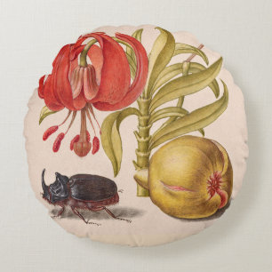Pomegranate Flower, Fruit and Rhinoceros Beetle Round Cushion