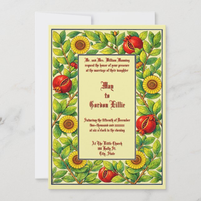 Pomegranate Fruit & Floral Border Wedding Invitation (Front)