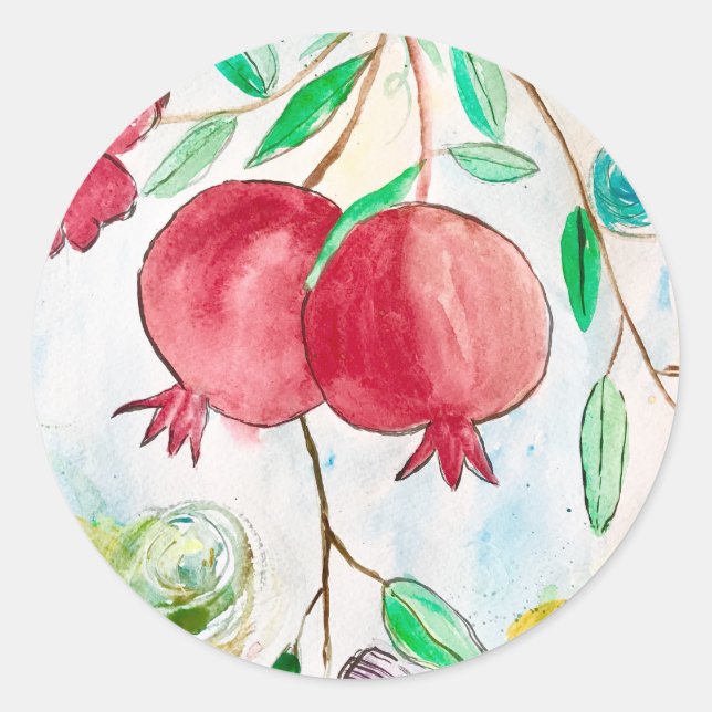 Pomegranate fruit watercolor art red tropical  classic round sticker (Front)