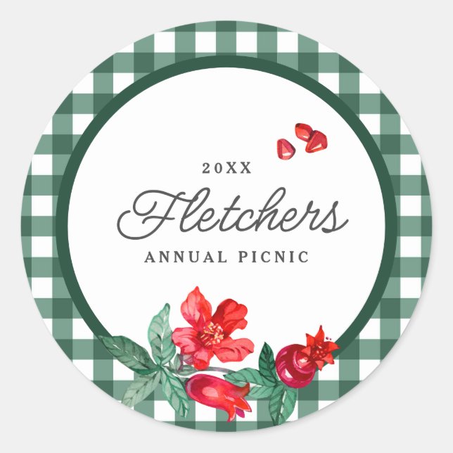 Pomegranate & Green Gingham Custom Classic Round Sticker (Front)