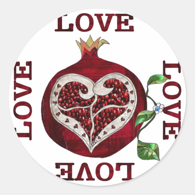 Pomegranate Heart LOVE Valentine Classic Round Sticker (Front)
