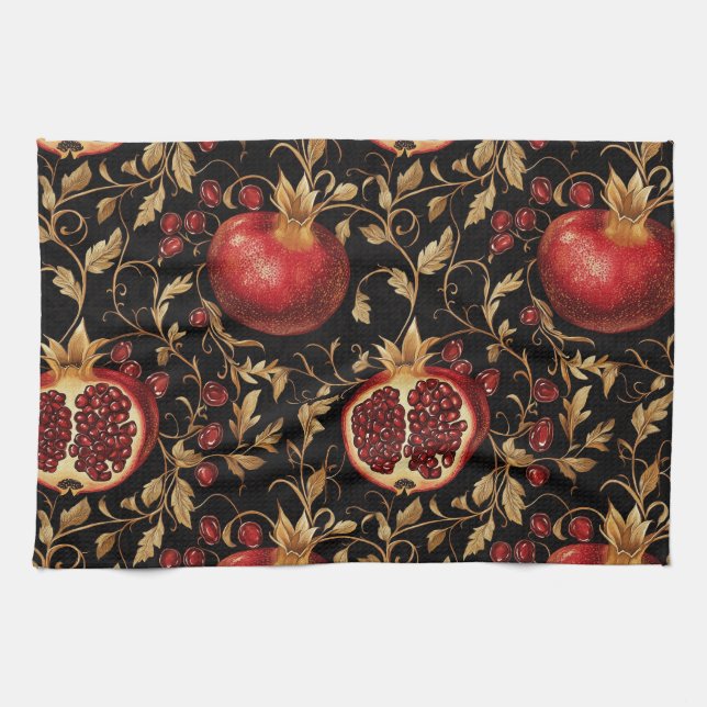 Pomegranate Paradise -Rich Floral Seamless Pattern Tea Towel (Horizontal)