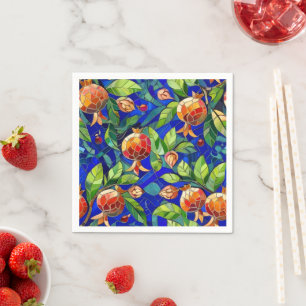 Pomegranate Pattern Dark Blue and Red Fruit Mosaic Napkin