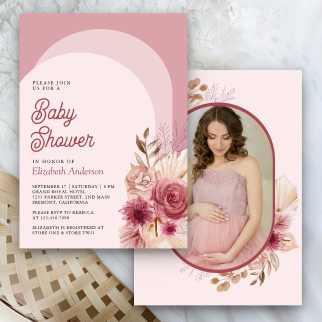 Pomegranate Pink Floral Pampas Photo Baby Shower Invitation (Creator Uploaded)