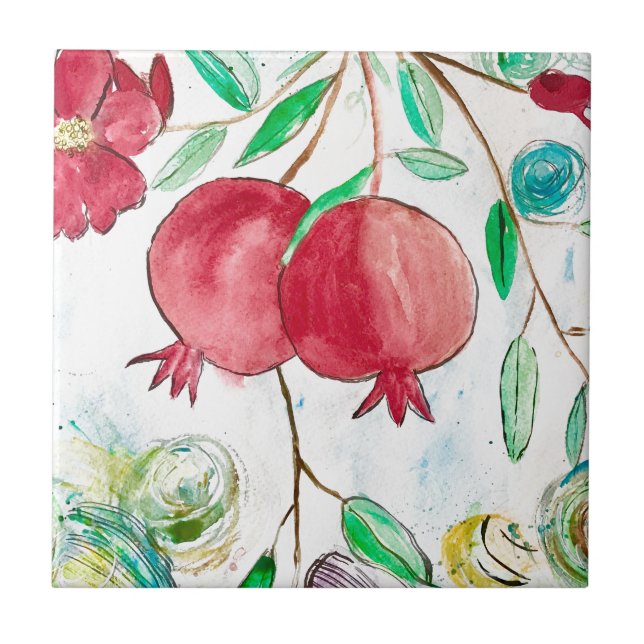 Pomegranate red fruit kitchen watercolor food tile (Front)
