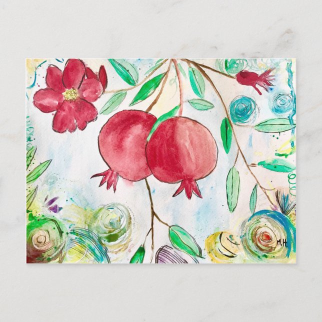 Pomegranate red fruit pattern watercolor  postcard (Front)