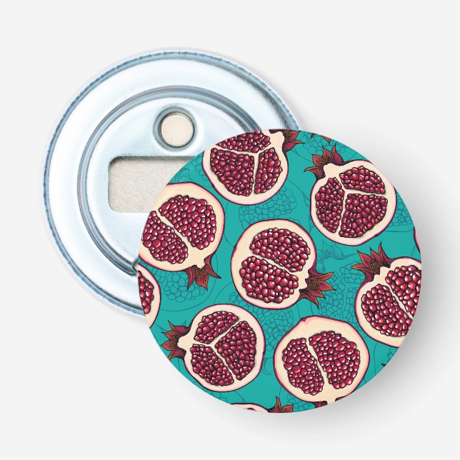 Pomegranate slices on turquoise bottle opener (Front)