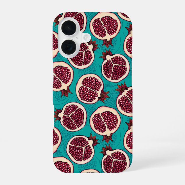 Pomegranate slices on turquoise iPhone 16 case (Back)