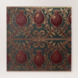 Pomegranate Vine Pattern Dark Green Gold Ornate Jigsaw Puzzle