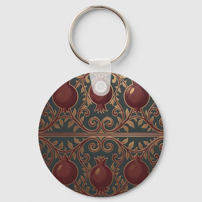 Pomegranate Vine Pattern Dark Green Gold Ornate Key Ring (Front)