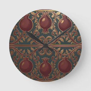 Pomegranate Vine Pattern Dark Green Gold Ornate Round Clock