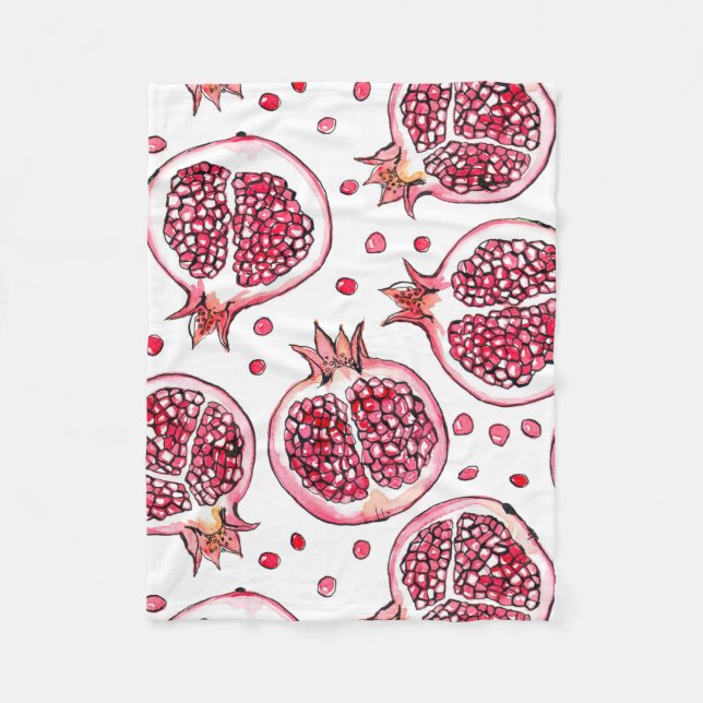 Pomegranate watercolor and ink pattern fleece blanket (Front)