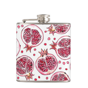 Pomegranate watercolor and ink pattern hip flask