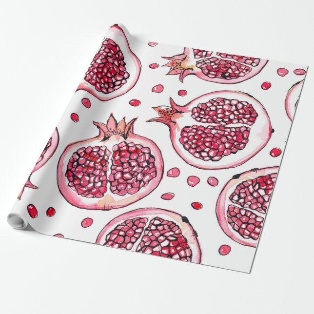 Pomegranate watercolor and ink pattern wrapping paper (Unrolled)
