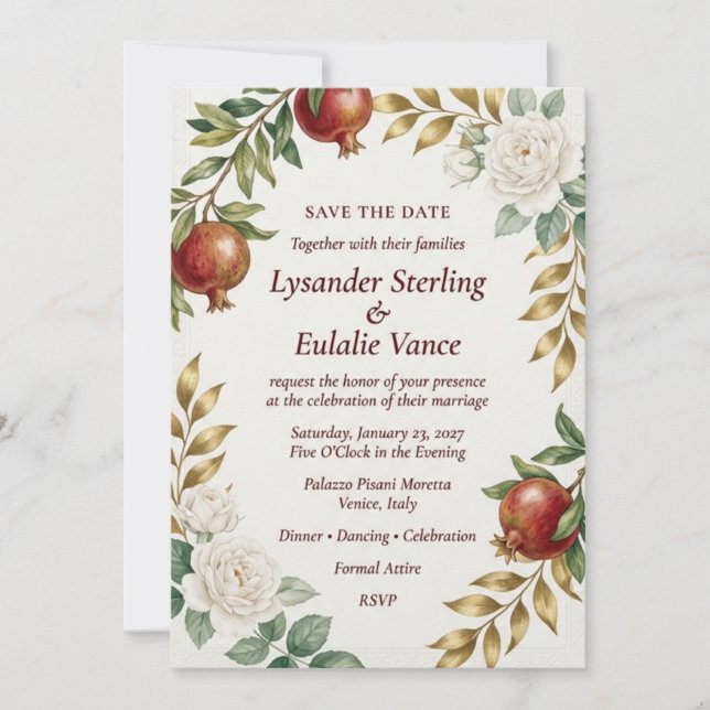 Pomegranate & White Rose Elegant Save Invitation (Front)