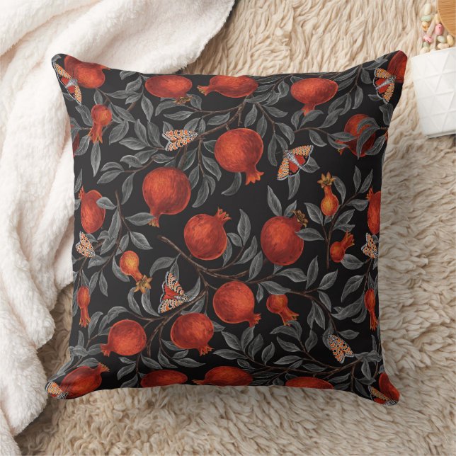 Pomegranates and Bella Moths in red and grey Cushion (Blanket)