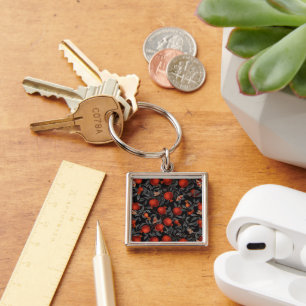 Pomegranates and Bella Moths in red and grey Key Ring