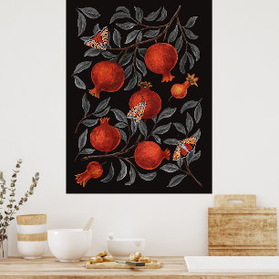Pomegranates and Bella Moths in red and grey Poster