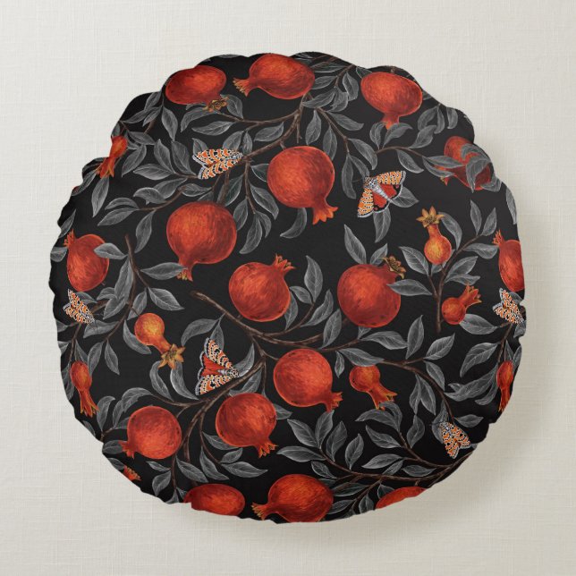 Pomegranates and Bella Moths in red and grey Round Cushion (Front)