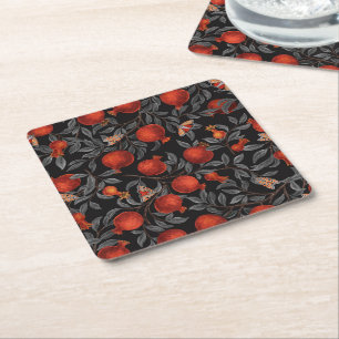 Pomegranates and Bella Moths in red and grey Square Paper Coaster