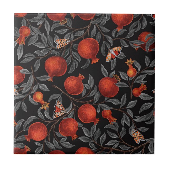 Pomegranates and Bella Moths in red and grey Tile (Front)