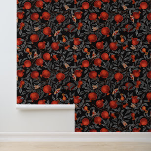 Pomegranates and Bella Moths in red and grey Wallpaper