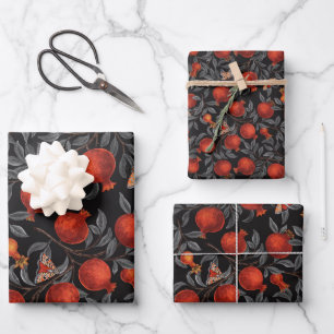 Pomegranates and Bella Moths in red and grey Wrapping Paper Sheet