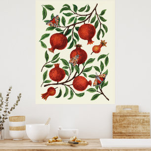 Pomegranates and Bella Moths on off white Poster
