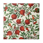 Pomegranates and Bella Moths on off white Tile<br><div class="desc">Pomegranate branches with lush leaves and rich red fruits stretch across a black background. A secondary layer subtly fades away,  adding depth. Traditionally painted on paper with markers,  the elements are scanned and composed into a pattern in Photoshop.</div>