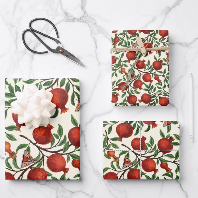 Pomegranates and Bella Moths on off white Wrapping Paper Sheet (Front)