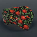 Pomegranates and Bella Moths  Tie<br><div class="desc">Pomegranate branches with lush leaves and rich red fruits stretch across a black background. A secondary layer subtly fades away,  adding depth. Traditionally painted on paper with markers,  the elements are scanned and composed into a pattern in Photoshop.</div>