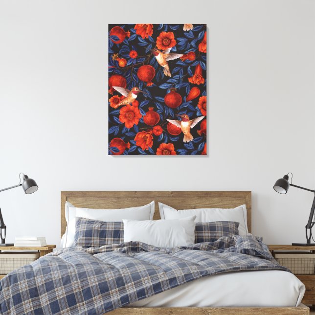 Pomegranates and hummingbirds/blue leaves on black canvas print (Insitu(Bedroom))