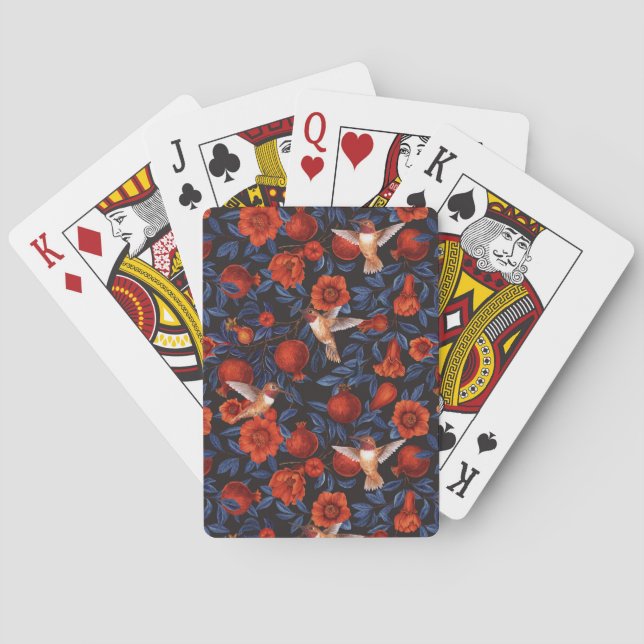 Pomegranates and hummingbirds/blue leaves on black playing cards (Back)