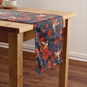 Pomegranates and hummingbirds/blue leaves on black short table runner