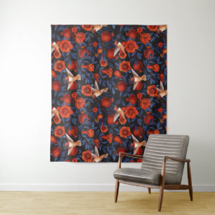 Pomegranates and hummingbirds/blue leaves on black tapestry