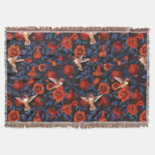 Pomegranates and hummingbirds/blue leaves on black throw blanket